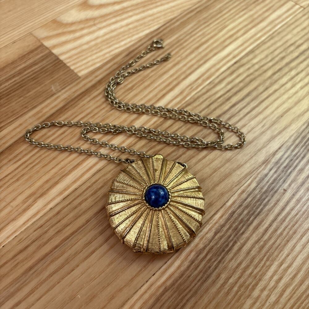 Vintage Estee Lauder 1970s Solid Empire Perfume Compact Necklace Blue Gold Rays